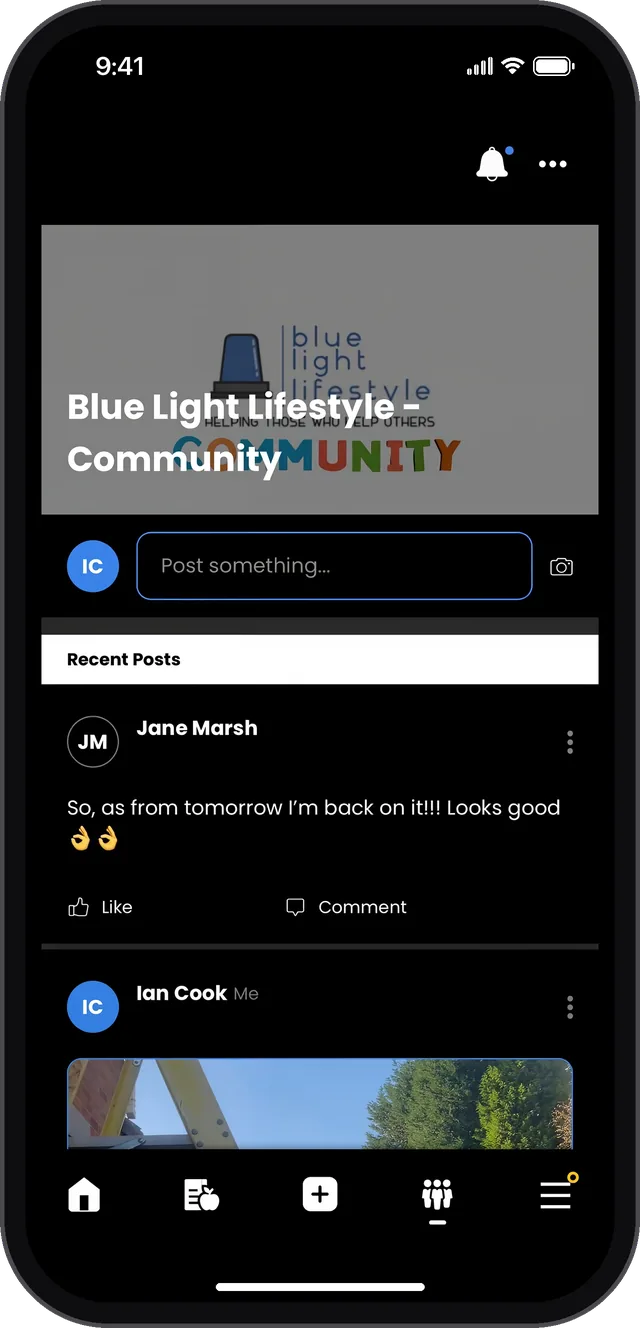 Community screen. Blue Light Lifestyle Community feed, with a post box and recent posts from members.
