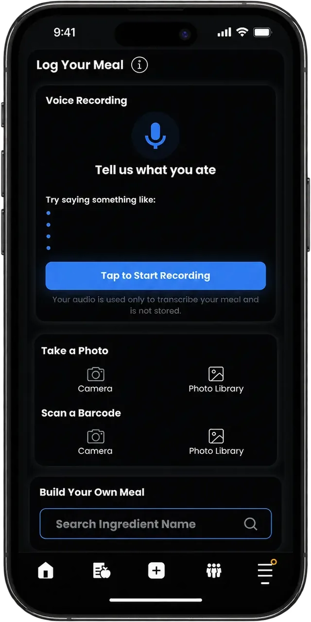 Log Your Meal screen. Record what you ate by voice, take a photo, scan a barcode, or search an ingredient.