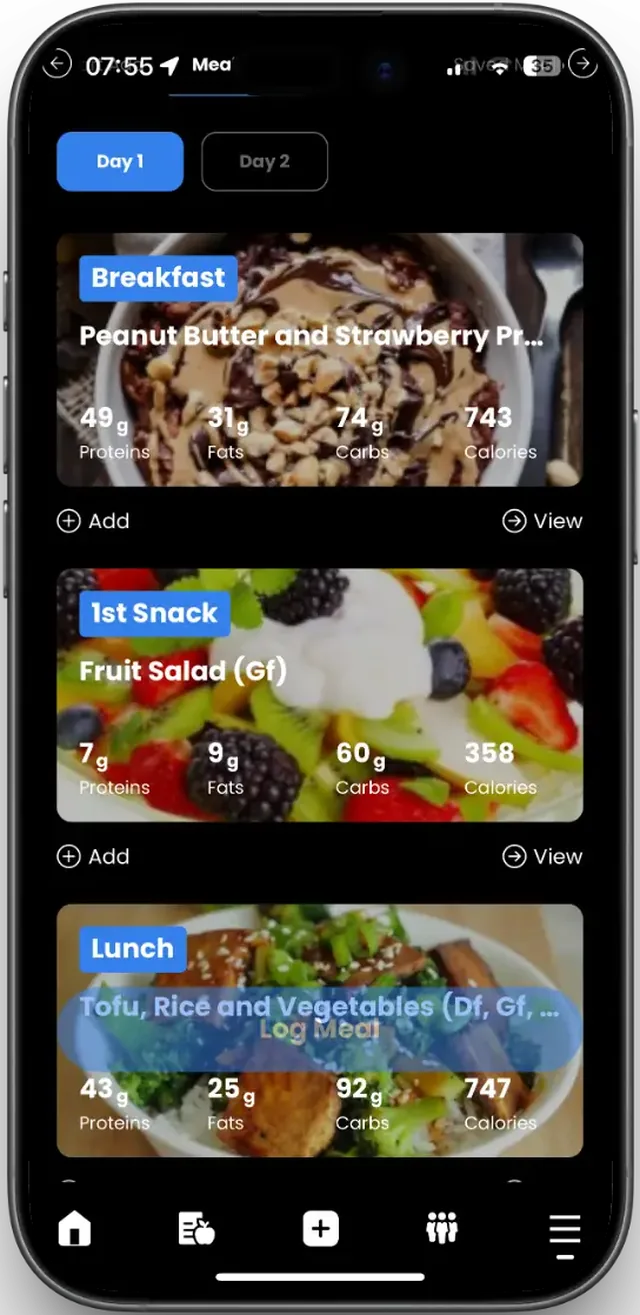 Meal plan screen. Day one, with breakfast, first snack and lunch, each showing protein, fat, carbs and calories.
