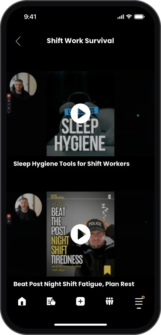 Shift Work Survival screen. Two videos, Sleep Hygiene Tools for Shift Workers and Beat Post Night Shift Fatigue, Plan Rest Days.