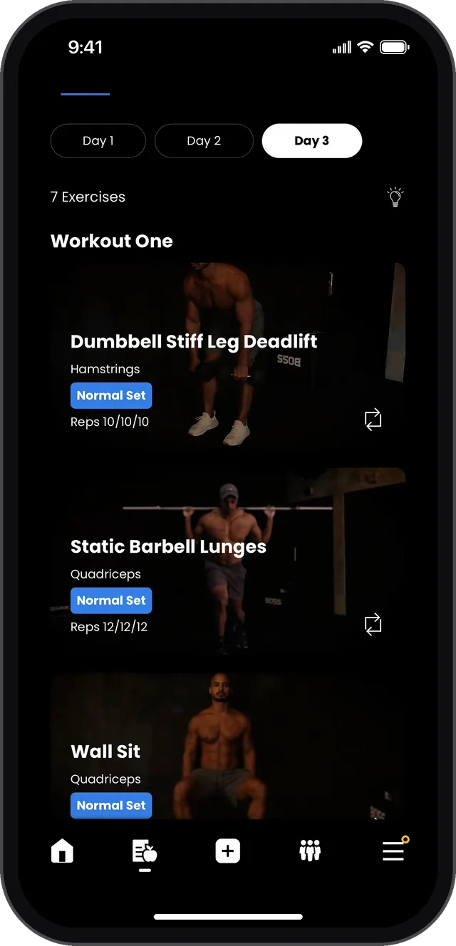 Workout screen. Day three, seven exercises. Dumbbell stiff leg deadlift, static barbell lunges and wall sit, with sets and reps.